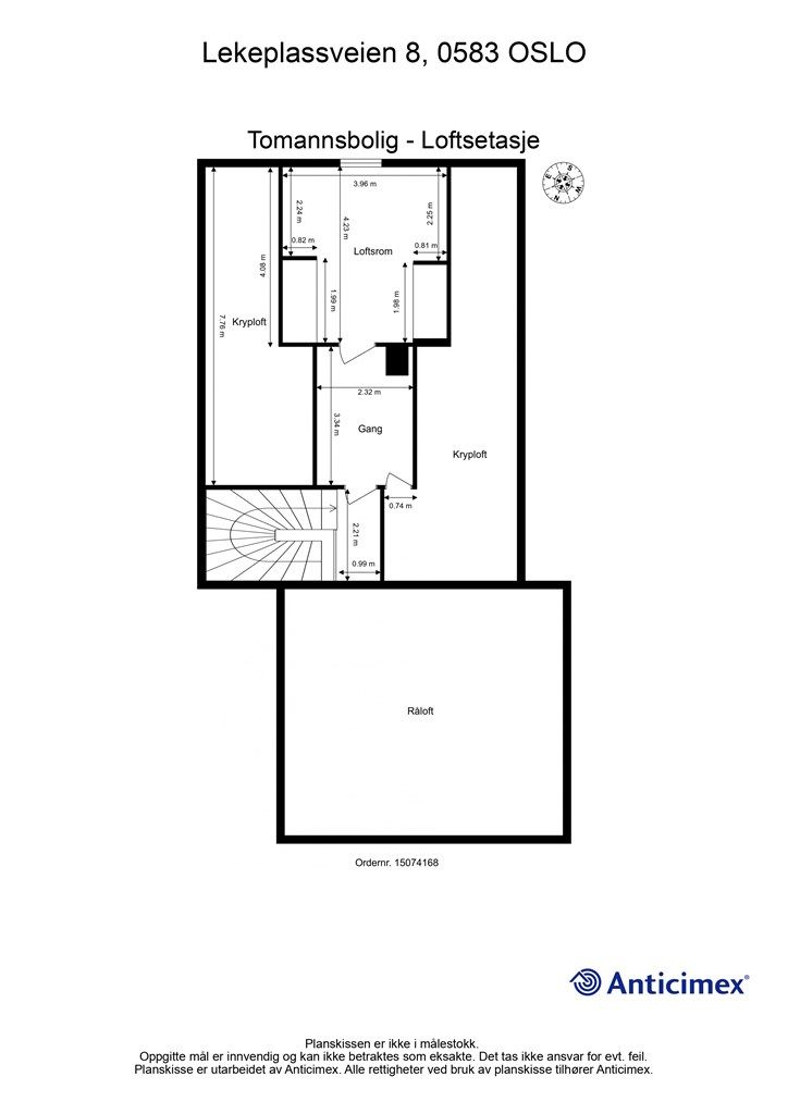 Plantegning tomannsbolig - Loftsetasje - 3. etasje 22 kvm BRA-I: Trapperom, gang og loftsrom (75 kvm GUA).