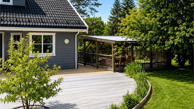 Terrasse med utekjøkken og pergola – en naturlig forlengelse av hjemmet, perfekt for lange sommerkvelder. Tuntreet skaper lun stemning og gir uterommet karakter.