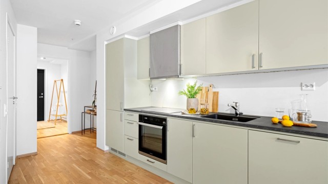 Kjøkkenet er i moderne og fint design med fronter i mint og mørk benkeplate.