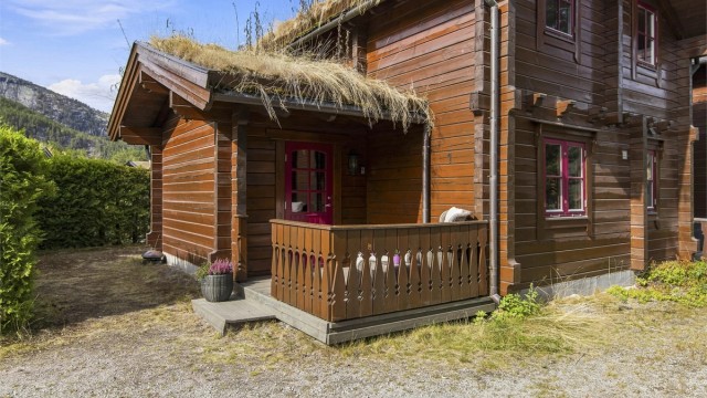 Enkel adkomst til hytta, parkering langs hyttevegg og overbygget inngangsparti.
