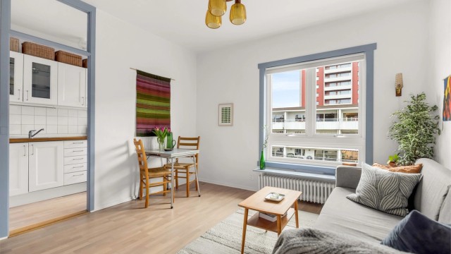 Godt utnyttet planløsning med mulighet for både sofa- og spisegruppe.