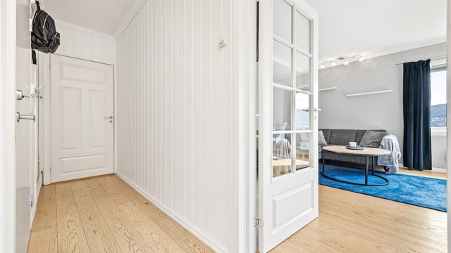 Fra entréen er det adkomst til stuen via en dør med glassfelt som slipper inn lys.