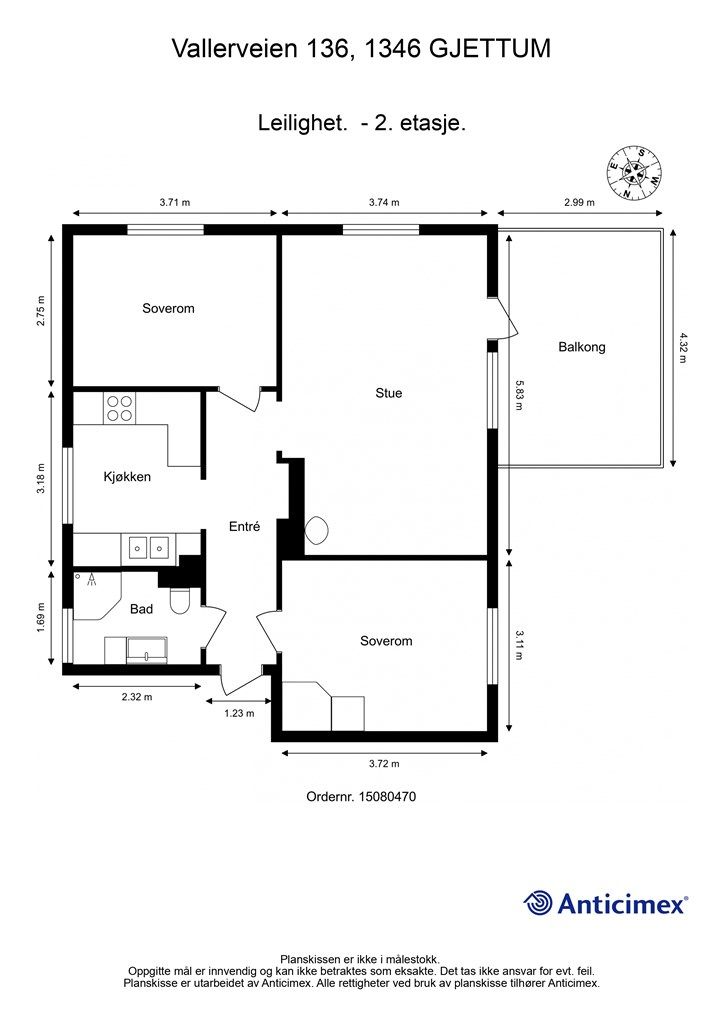 Leiligheten på 66 m² har en arealeffektiv planløsning med to gode soverom og adskilt kjøkken fra stuen.