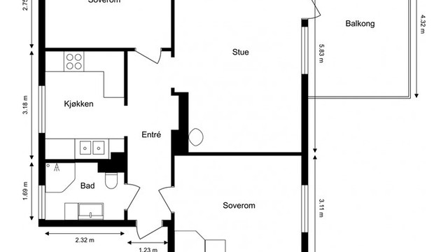 Leiligheten på 66 m² har en arealeffektiv planløsning med to gode soverom og adskilt kjøkken fra stuen.