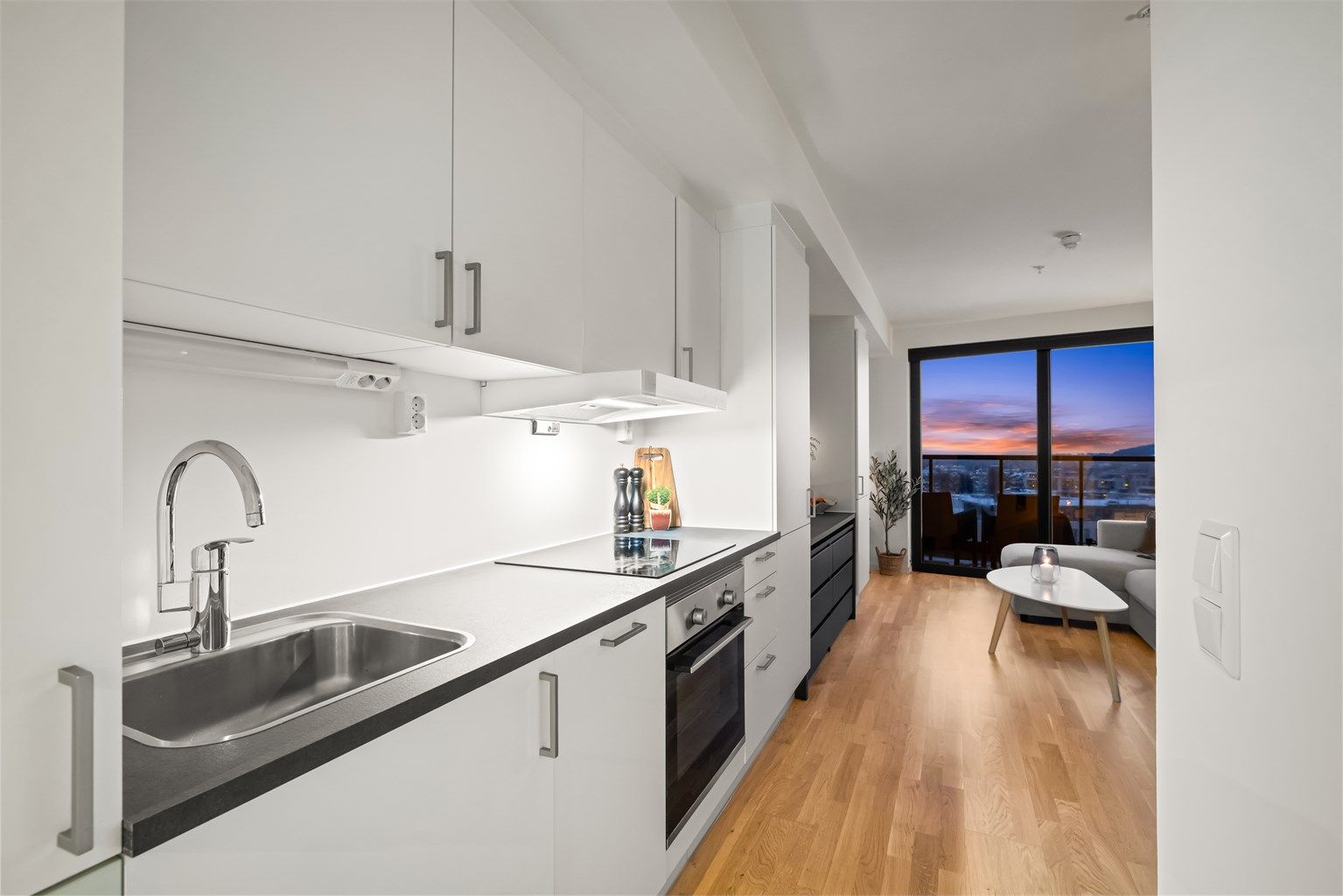 Moderne og arealeffektiv leilighet med gjennomgående eikeparkett og lyse flater.