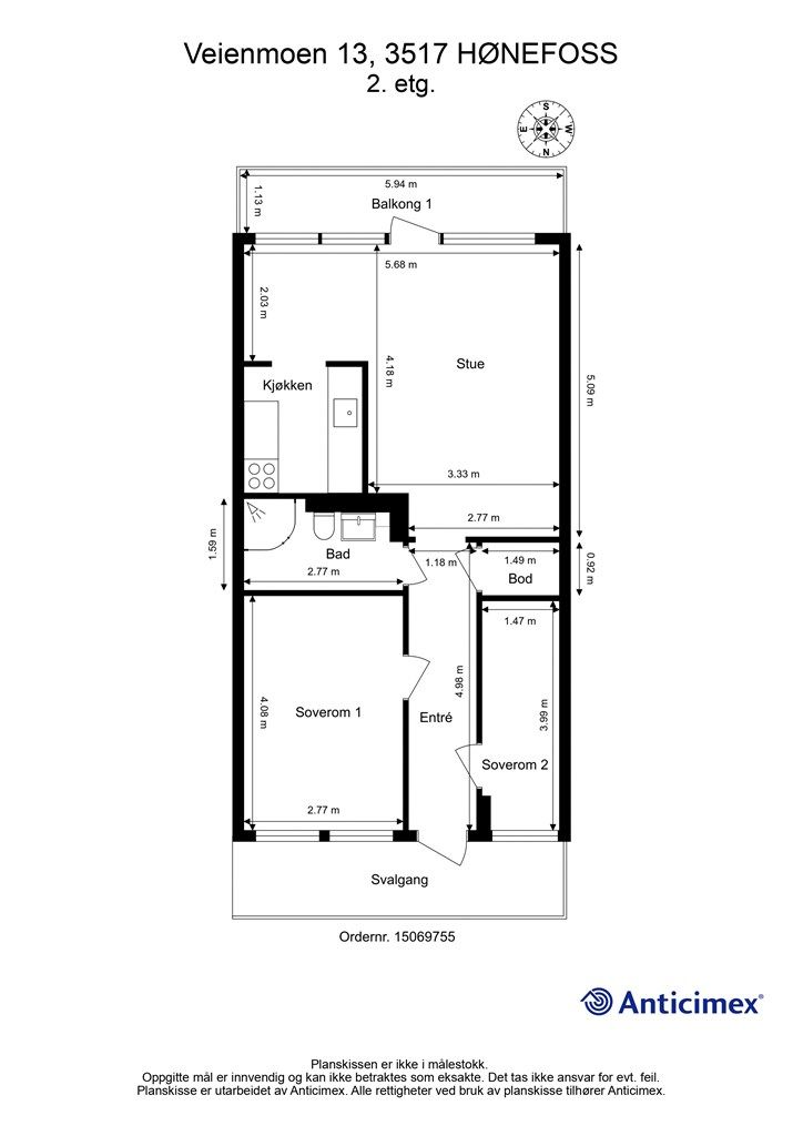 Plantegning - soverom 2 er ikke godkjent til varig opphold (bod). 
