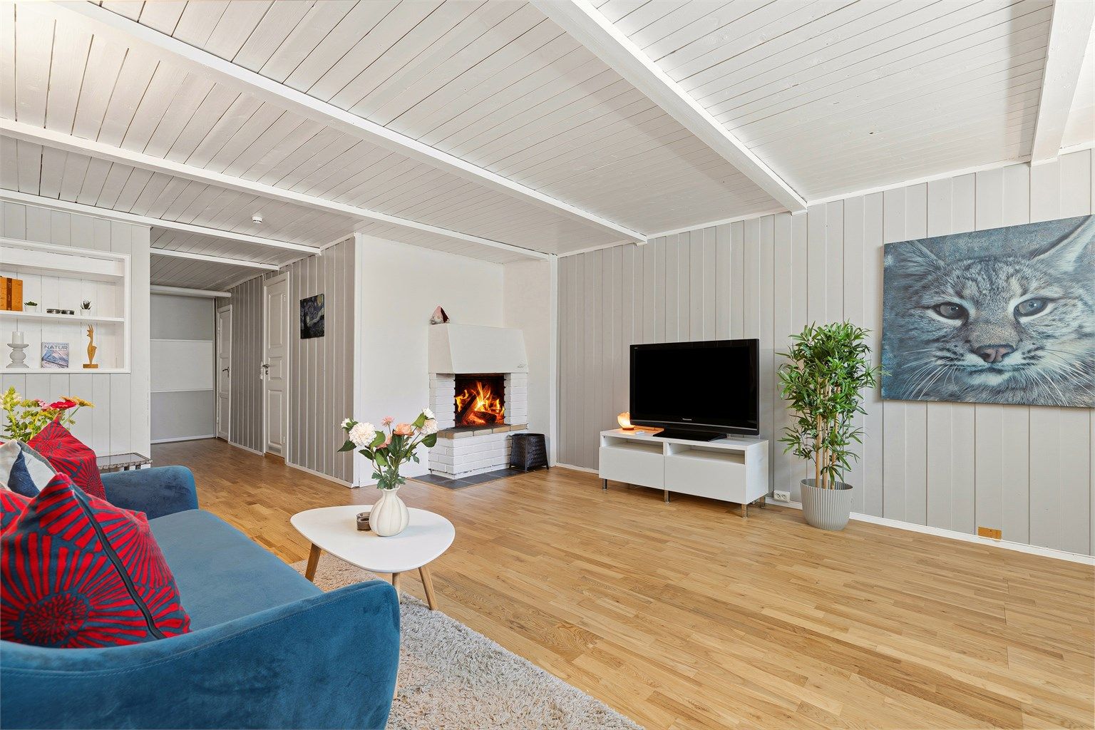 Kjellerstue med god plass og gruepeis (Flamme i peis er satt inn av fotograf, dagnes eier har ikke benyttet peisen) (Rommet er ikke godkjent til varig opphold)