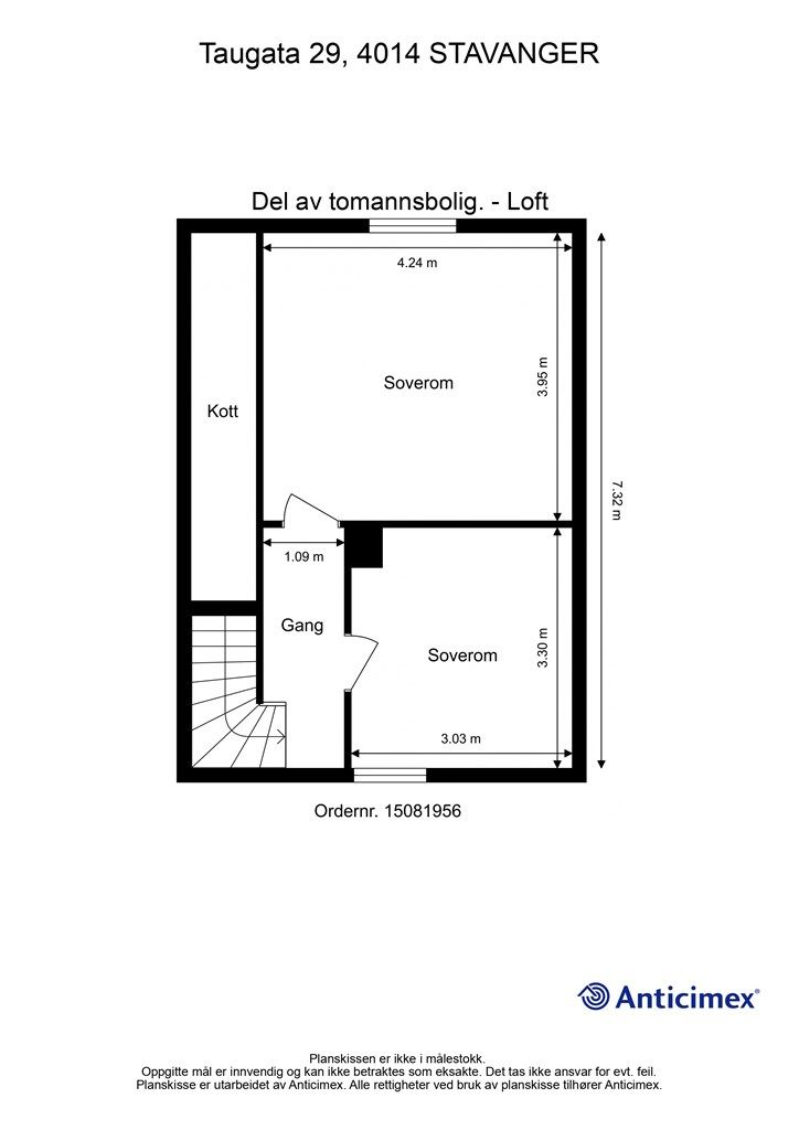 Plantegning loft (soverom ikke godkjent som rom til varig opphold). 