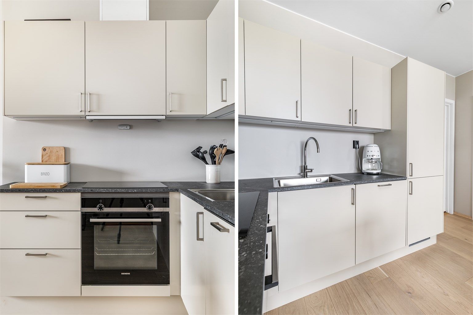 Hvitevarene på kjøkkenet er alle integrert og medfølger leiligheten.