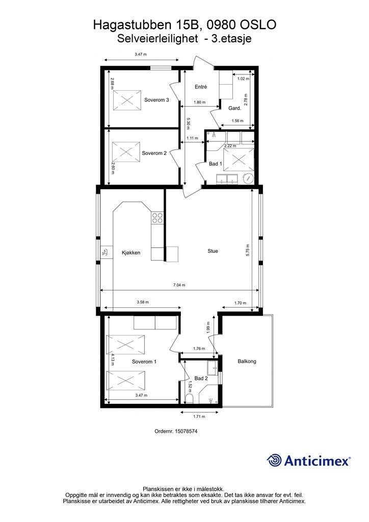 Leiligheten har en arealeffektiv planløsning på 89 m² BRA, med tre soverom, to bad og en åpen sosial sone. Totalt gulvareal er 102 m².