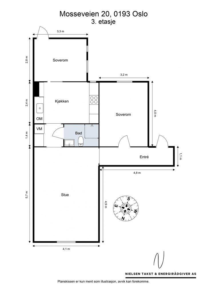 Leiligheten på 69 m² har en gjennomgående planløsning med to soverom og en romslig stue. 