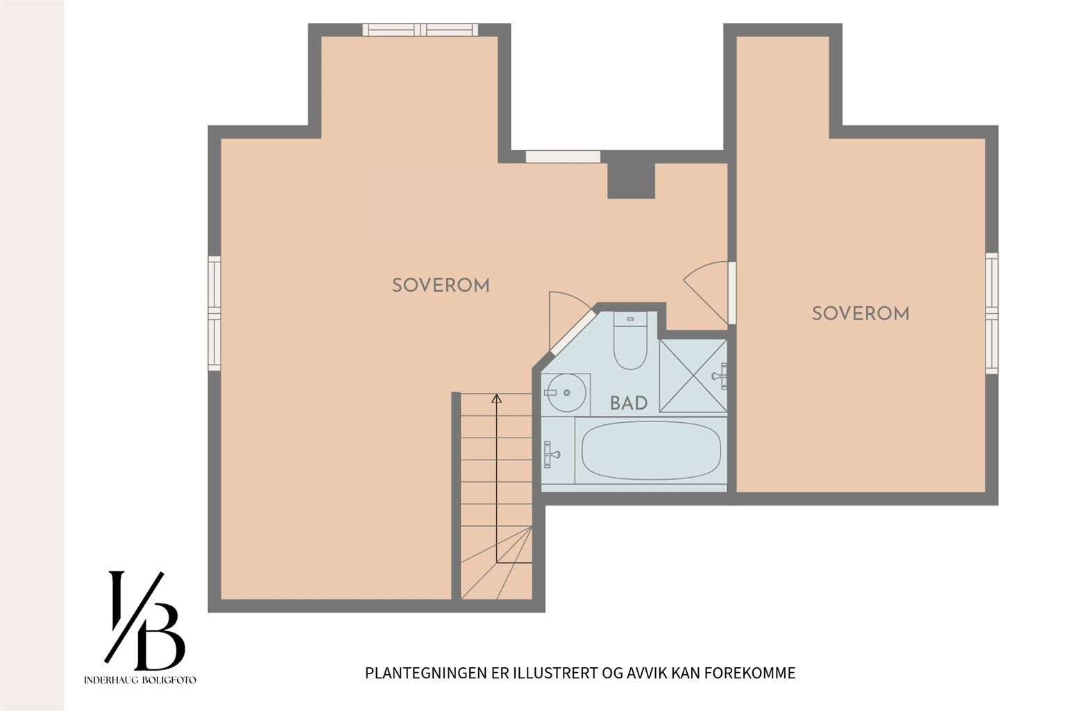 Plantegning loft. Rommene i loftsetasjen er ikke er godkjent for varig opphold.