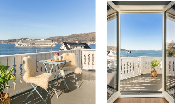 - En sjelden balkongopplevelse med vidstrakt sjøutsikt. Her kan du følge det rike båtlivet som glir forbi -