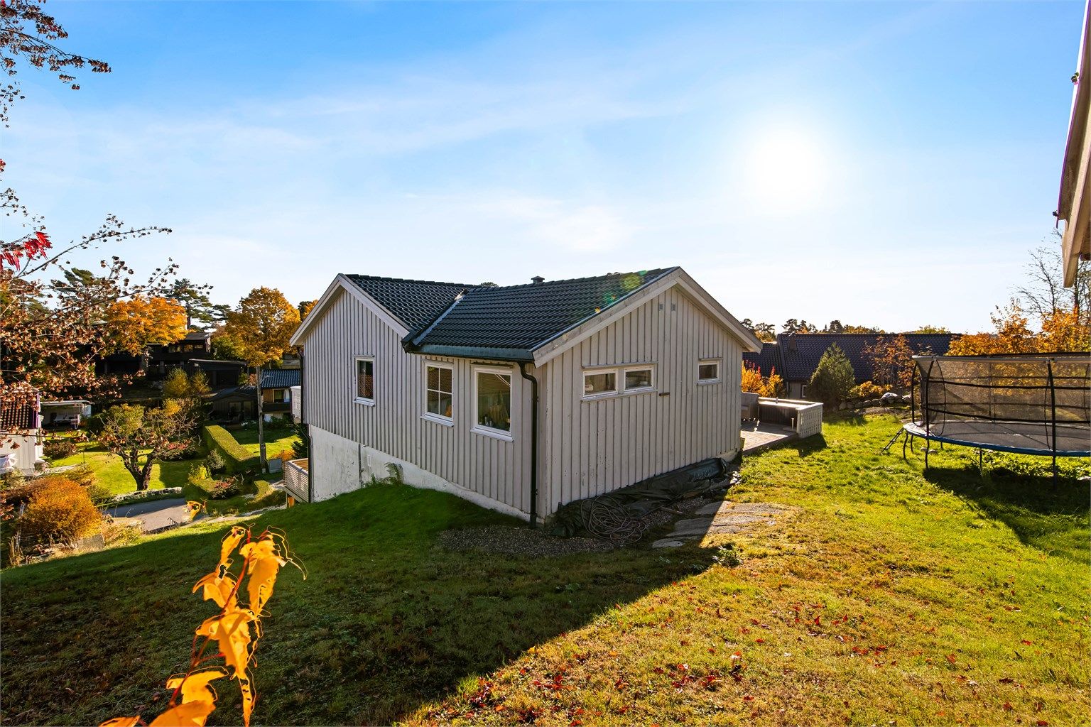 Skrånende tomt opparbeidet med plen, fjellknauser og beplantning.
