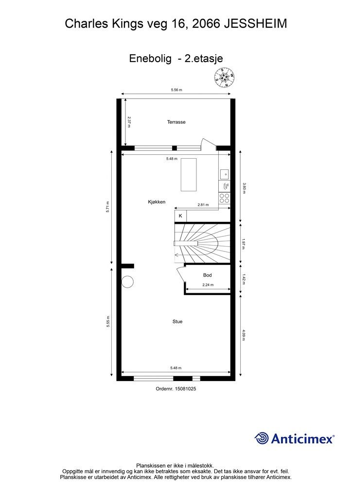 Plantegning 2. etasje - Boligens sosiale hjerte, med stue og kjøkken i en delvis åpen løsning, en praktisk bod og utgang til terrasse.