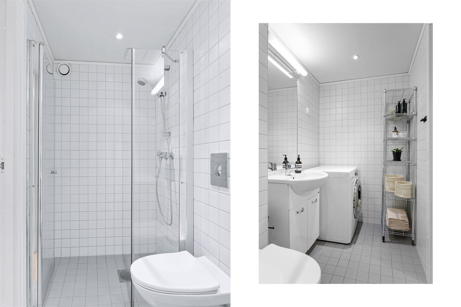 Badet har elektrisk gulvvarme, vegghengt toalett og et stilrent dusjhjørne med svingbar glassdør. En funksjonell og ryddig baderomsløsning.