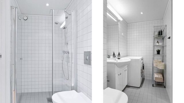 Badet har elektrisk gulvvarme, vegghengt toalett og et stilrent dusjhjørne med svingbar glassdør. En funksjonell og ryddig baderomsløsning.