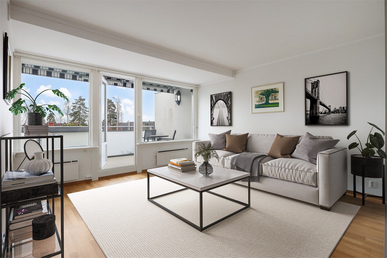 Leiligheten er på ca. 74 kvm. og ligger en trapp ned. Bildet her er digitalt møblert. 