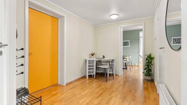 Entréen er romslig med plass til en kontorkrok eller ekstra garderobeløsninger. Gjennomgående parkett på gulv.