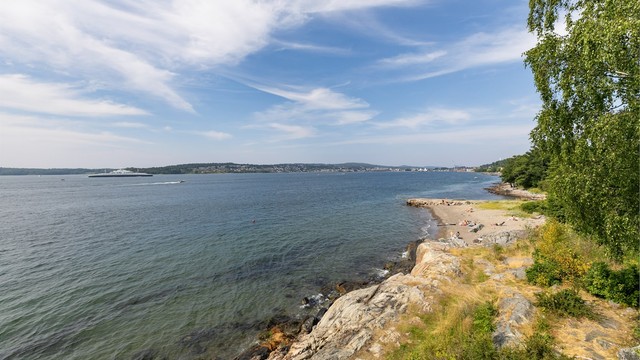 Strand og svaberg rett nedenfor huset hvor sommerdager kan nytes til det fulle.