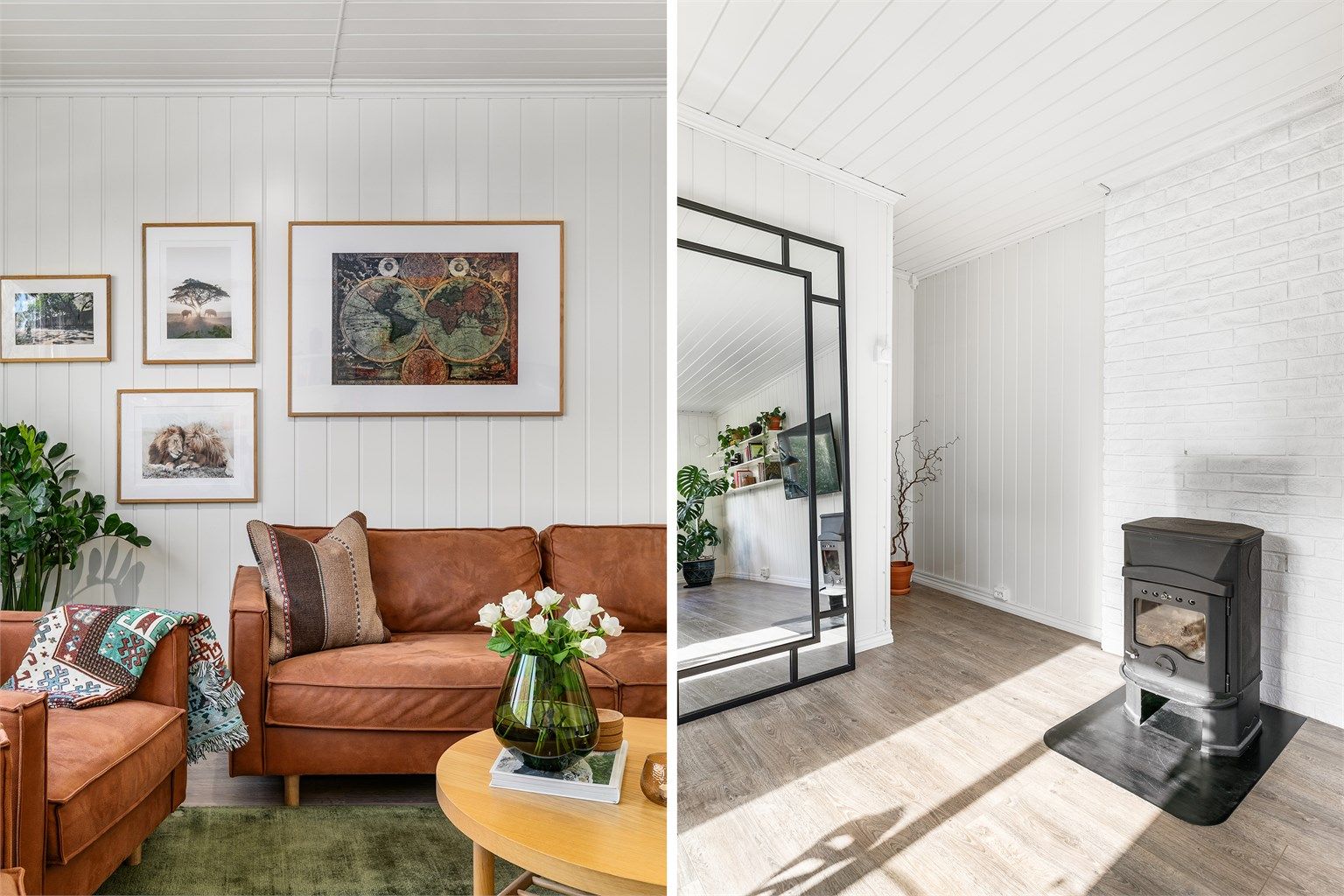 Stuens vedovn er like stemningsskapende som den er varmende. Vedovn er også montert i underetasjen.