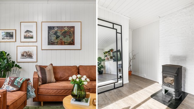 Stuens vedovn er like stemningsskapende som den er varmende. Vedovn er også montert i underetasjen.