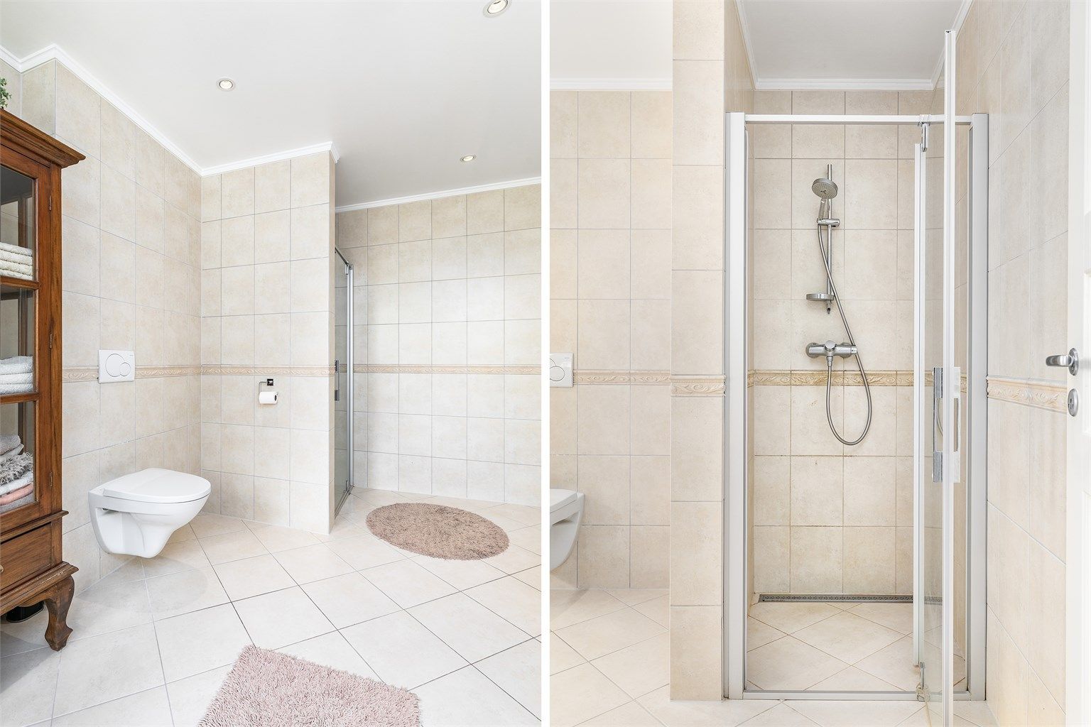 Med både dusjnisje og innbygget badekar byr badet på valgmulighet. Lyse fliser på gulv og vegger skaper harmoni.