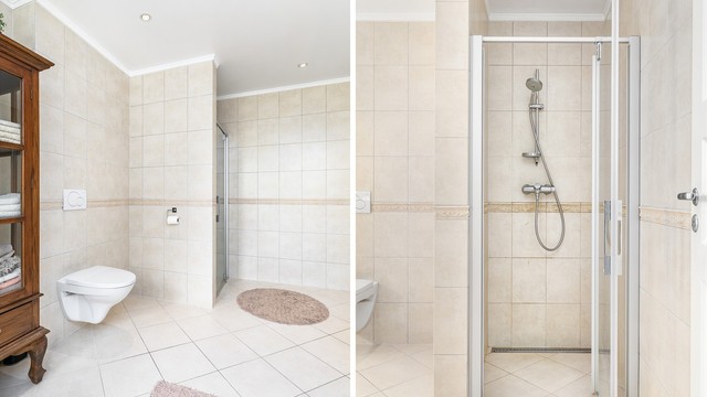 Med både dusjnisje og innbygget badekar byr badet på valgmulighet. Lyse fliser på gulv og vegger skaper harmoni.