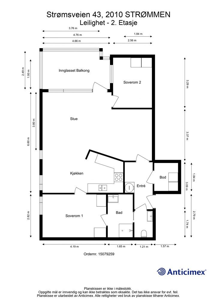 Leiligheten på 75 m² har en arealeffektiv planløsning med to soverom. To boder medfølger.