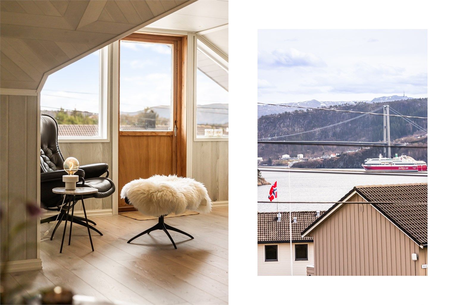 Fra balkongen har man flott utsikt mot innseilingen til Bergen sentrum