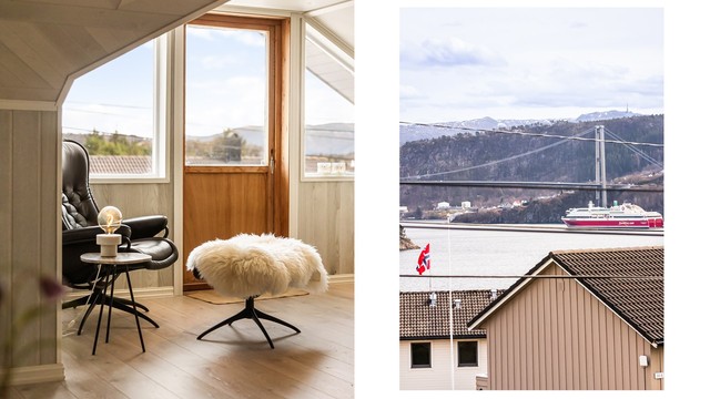 Fra balkongen har man flott utsikt mot innseilingen til Bergen sentrum