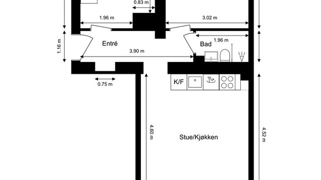 Leiligheten har en arealeffektiv og gjennomgående planløsning, med soverommene praktisk plassert mot den rolige bakgården.