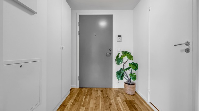 Entréen er romslig med garderobeløsning og god plass til oppbevaring av yttertøy og sko. Overflatene består av parkett på gulv samt malte, glatte vegger og himling.