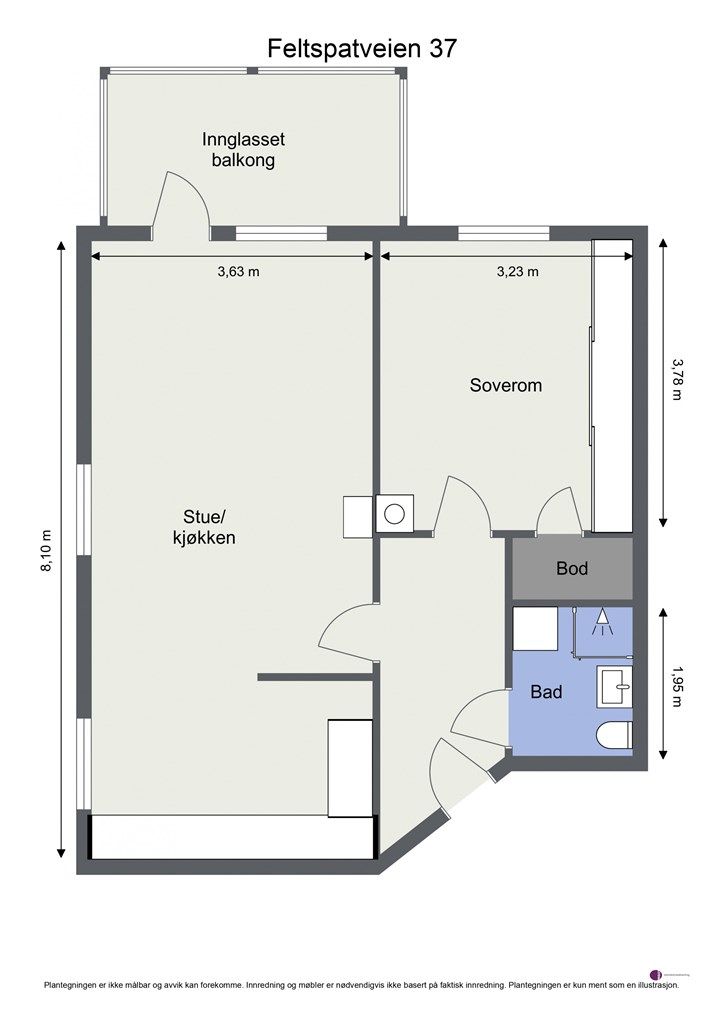 Leiligheten har en arealeffektiv planløsning på 55 m² med åpen stue- og kjøkkenløsning og separat soverom.