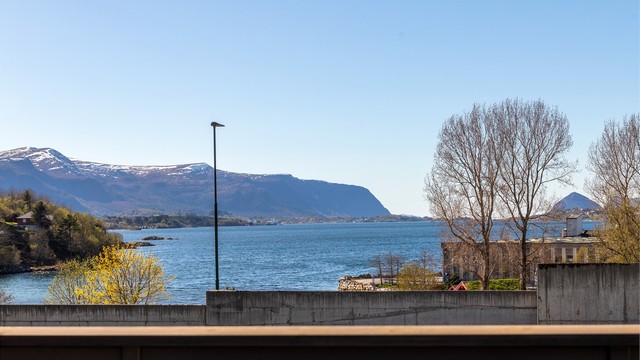 Utsikt mot fjell og fjord fra eiendommen