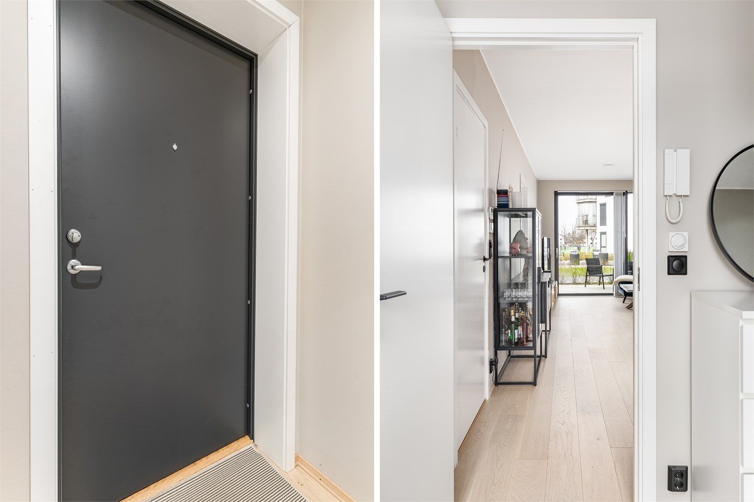 Hovedinngangen har porttelefon som betjenes fra leilighetens entré.