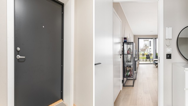 Hovedinngangen har porttelefon som betjenes fra leilighetens entré.