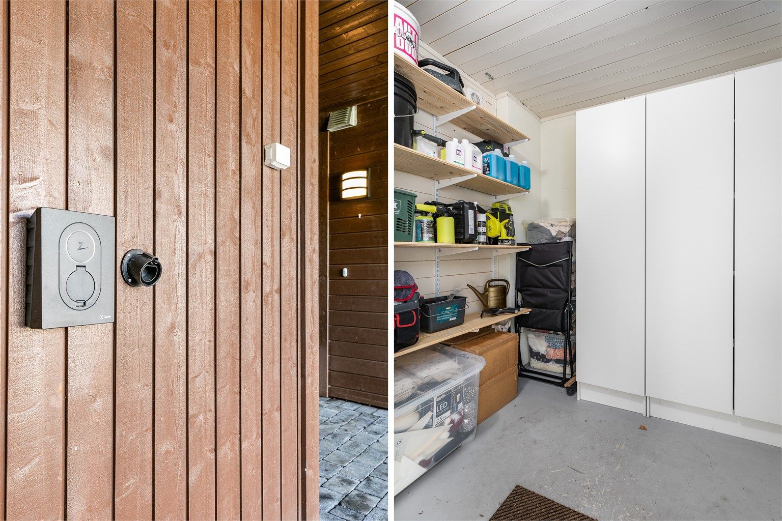 Boden innerst i carporten er isolert og utstyrt med varmeovn. Ladeboks montert på bodens yttervegg medfølger ikke.