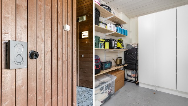 Boden innerst i carporten er isolert og utstyrt med varmeovn. Ladeboks montert på bodens yttervegg medfølger ikke.