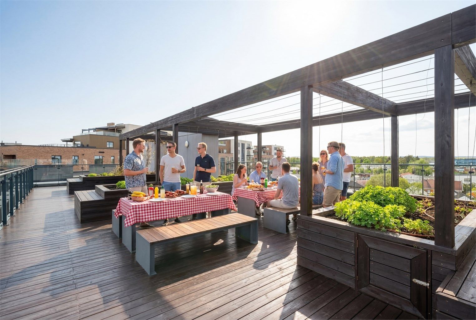 Sameiets felles takterrasse er en flott sosial møteplass for beboerne. (Digitalt pyntet takterrasse)
