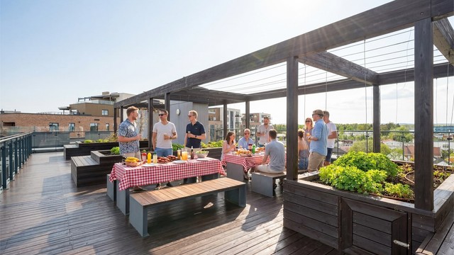 Sameiets felles takterrasse er en flott sosial møteplass for beboerne. (Digitalt pyntet takterrasse)