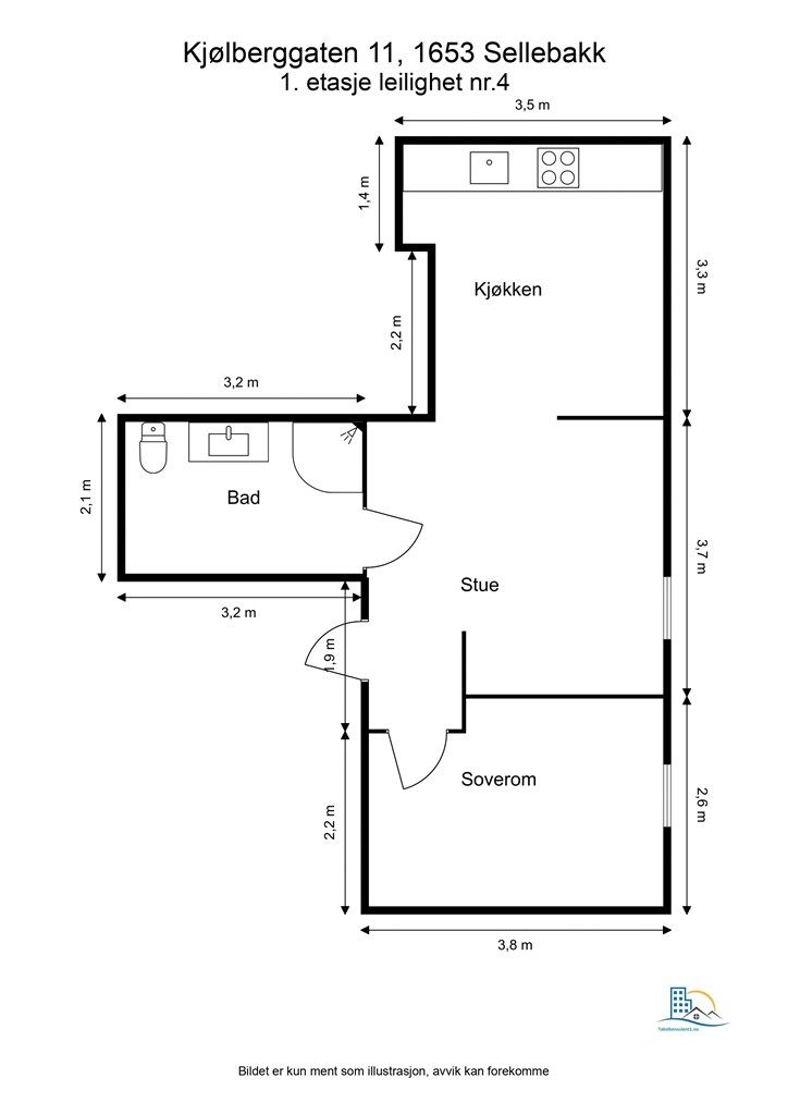 Veiledende skisse av leilighet 4, 1. etasje.
