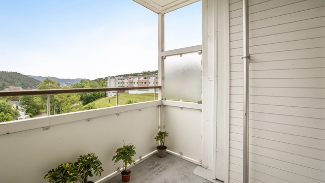 Balkongene har flott utsikt fra høyden mot grøntarealer.