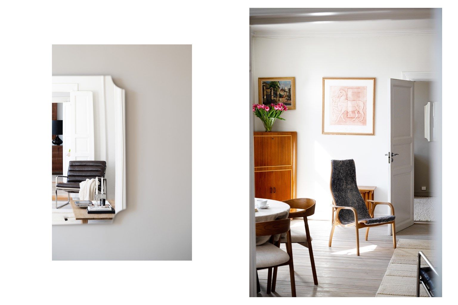 Klassiske detaljer som profilerte lister og originale tregulv er bevart og gir leiligheten særpreg.