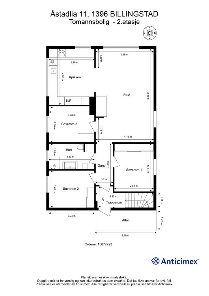 2. etasje rommer stue, kjøkken, bad og tre soverom, med en effektiv og god planløsning.