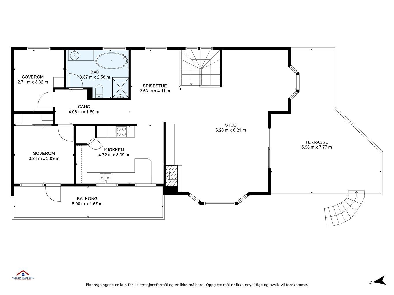 Plantegning med innvendige mål og himmelretning | 1. etasje