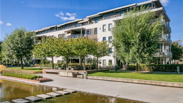 Flotte opparbeidede park- og vannområder like utenfor bygget