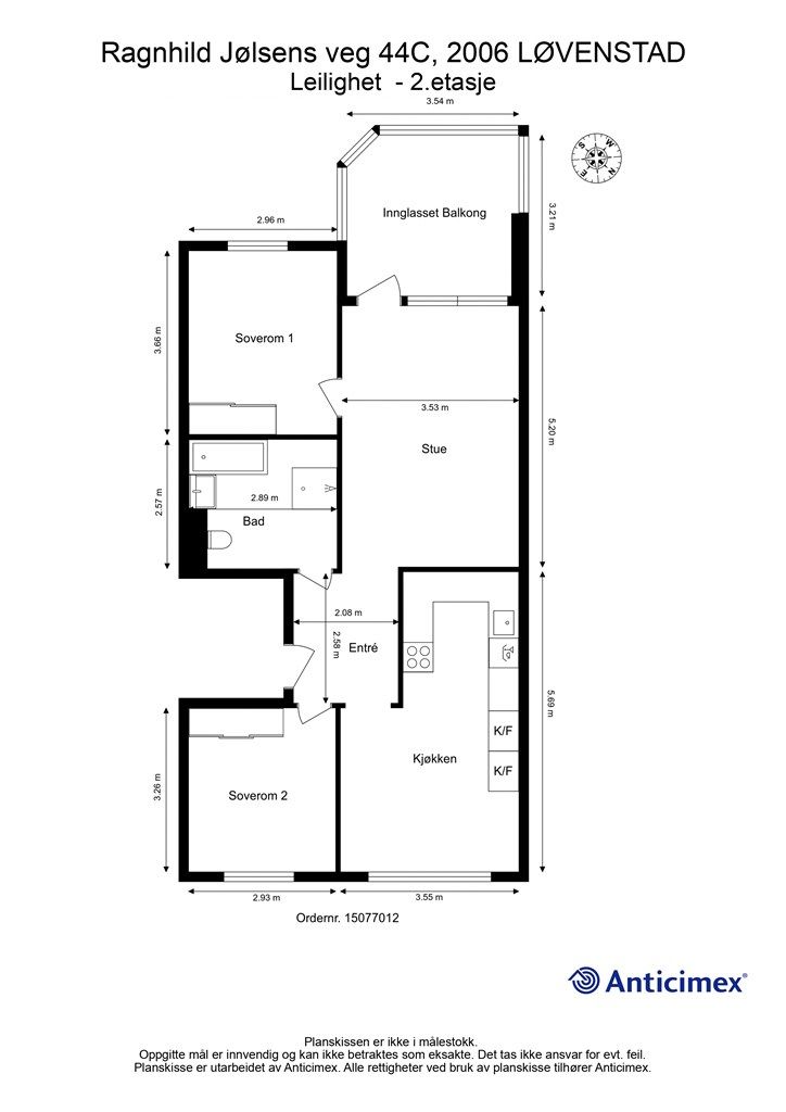 Plantegningen illustrerer en arealeffektiv planløsning med to soverom, separat kjøkken og stue.