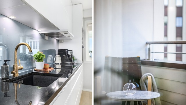 Vask og platetopp side om side bidrar til effektiv flyt på kjøkkenet. På øyen er det stor arbeidsflate.
