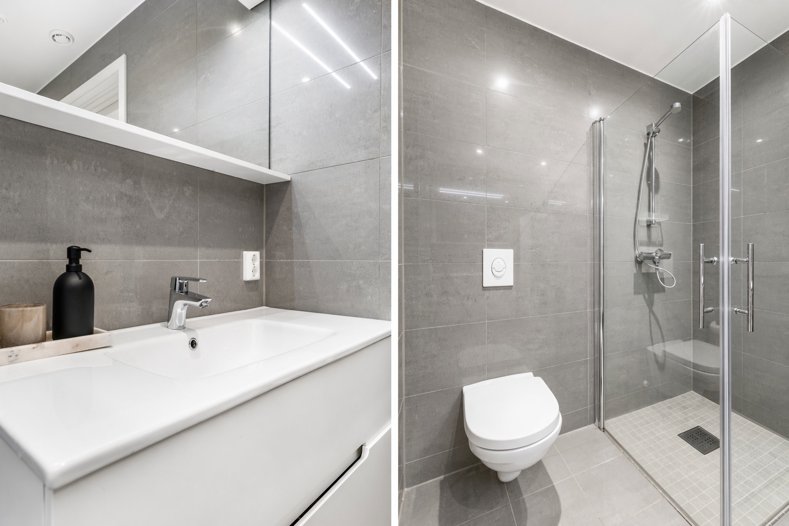 Dusjdørene kan svinges inn for å maksimere tilgjengeligheten av badets ca. 5 kvm. gulvflate. Digitalt redigert av KI.